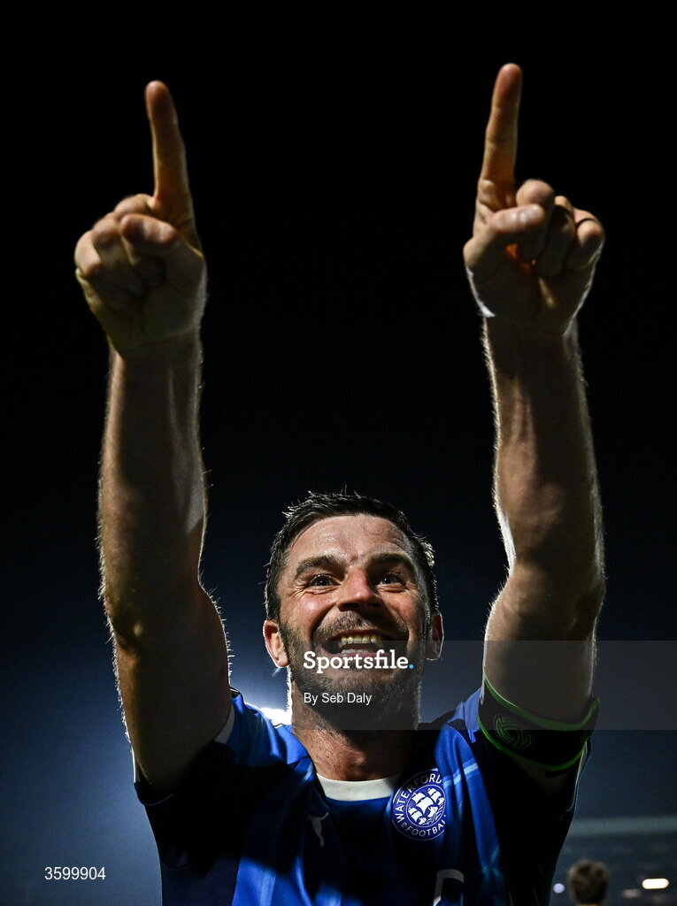 23 October 2026; Pádraig Amond of Waterford celebrates after scoring his side's third goal during the SSE Airtricity Men's Premier Division match between Waterford and Drogheda United at RSC in Waterford. Photo by Seb Daly/Sportsfile