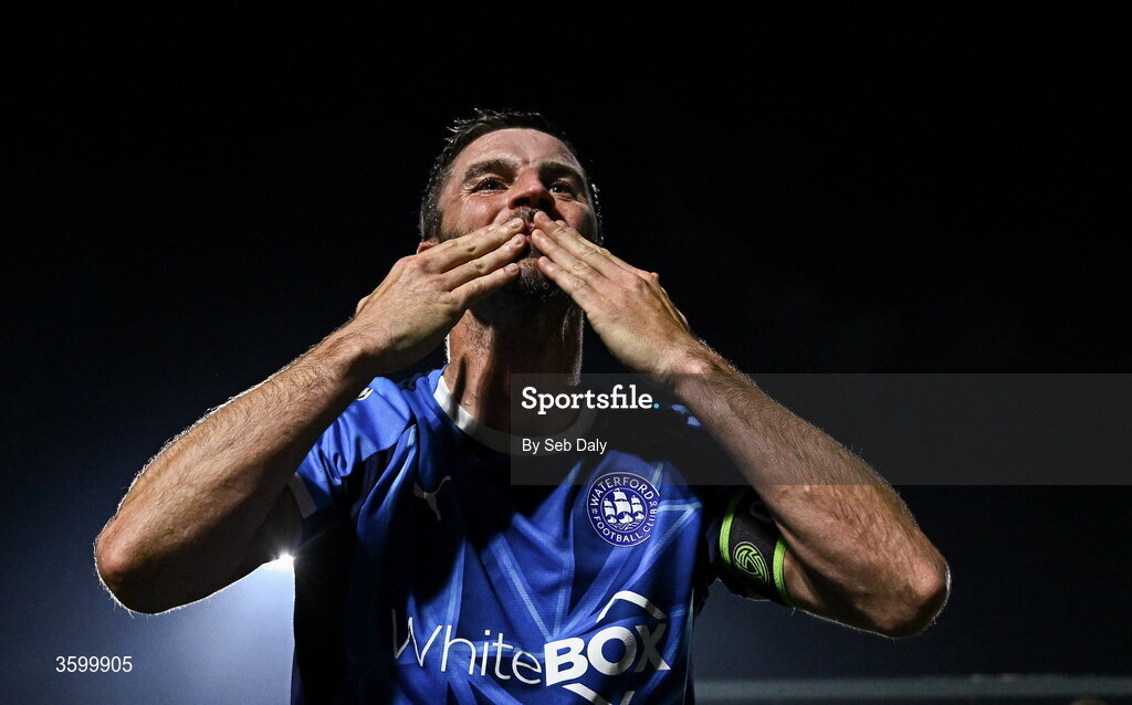 23 October 2026; Pádraig Amond of Waterford celebrates after scoring his side's third goal during the SSE Airtricity Men's Premier Division match between Waterford and Drogheda United at RSC in Waterford. Photo by Seb Daly/Sportsfile