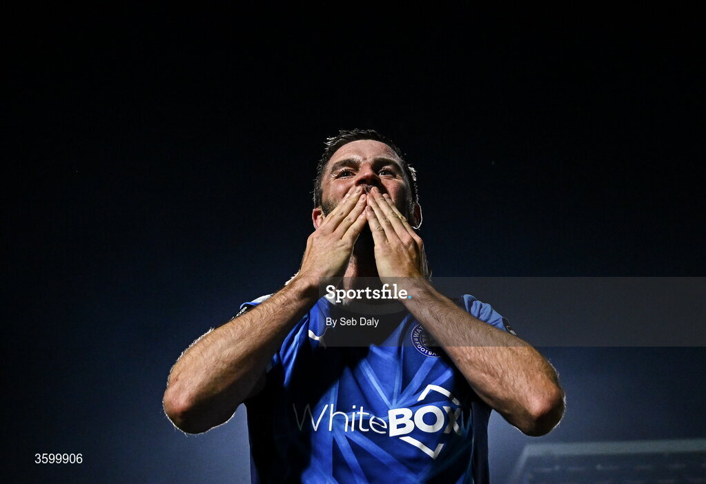 23 October 2026; Pádraig Amond of Waterford celebrates after scoring his side's third goal during the SSE Airtricity Men's Premier Division match between Waterford and Drogheda United at RSC in Waterford. Photo by Seb Daly/Sportsfile