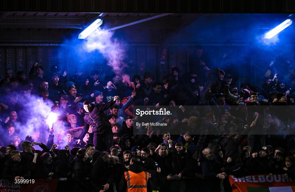 23 October 2026; Shelbourne supporters celebrate their first goal during the SSE Airtricity Men's Premier Division match between Bohemians and Shelbourne at Dalymount Park in Dublin. Photo by Ben McShane/Sportsfile