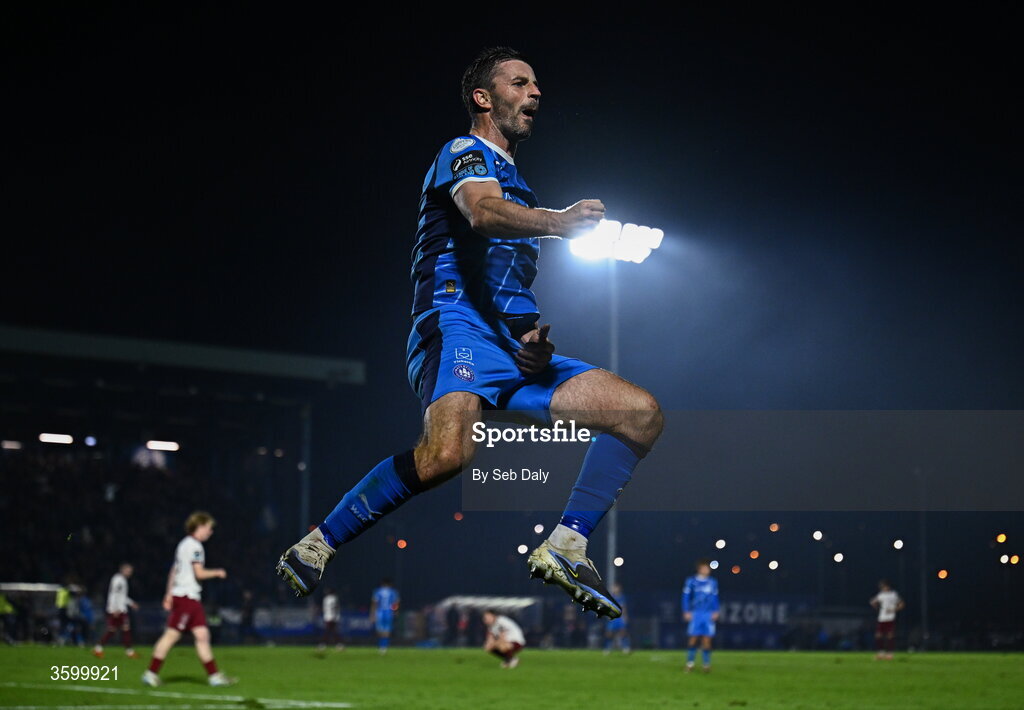 23 October 2026; Pádraig Amond of Waterford celebrates after scoring his side's third goal during the SSE Airtricity Men's Premier Division match between Waterford and Drogheda United at RSC in Waterford. Photo by Seb Daly/Sportsfile