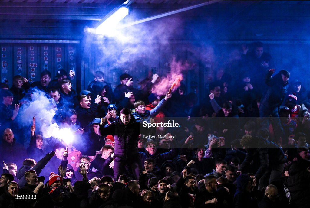 23 October 2026; Shelbourne supporters celebrate their first goal during the SSE Airtricity Men's Premier Division match between Bohemians and Shelbourne at Dalymount Park in Dublin. Photo by Ben McShane/Sportsfile