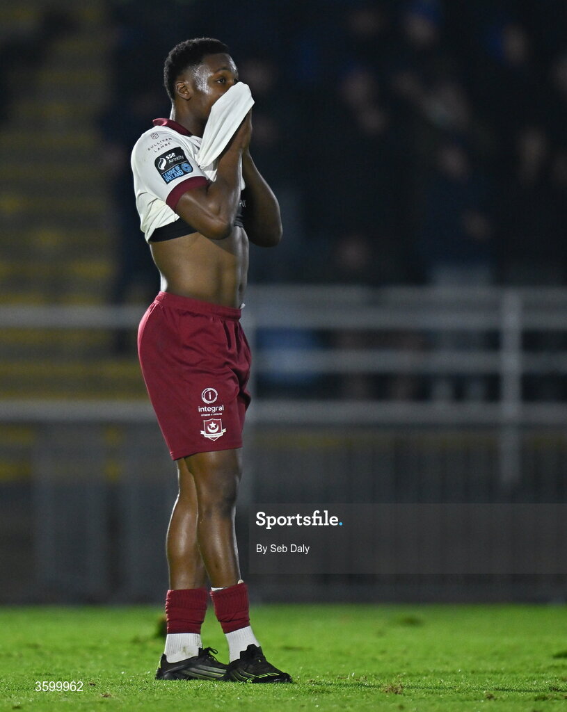 23 October 2026; Edwin Agbaje of Drogheda United after his side's defeat in the SSE Airtricity Men's Premier Division match between Waterford and Drogheda United at RSC in Waterford. Photo by Seb Daly/Sportsfile