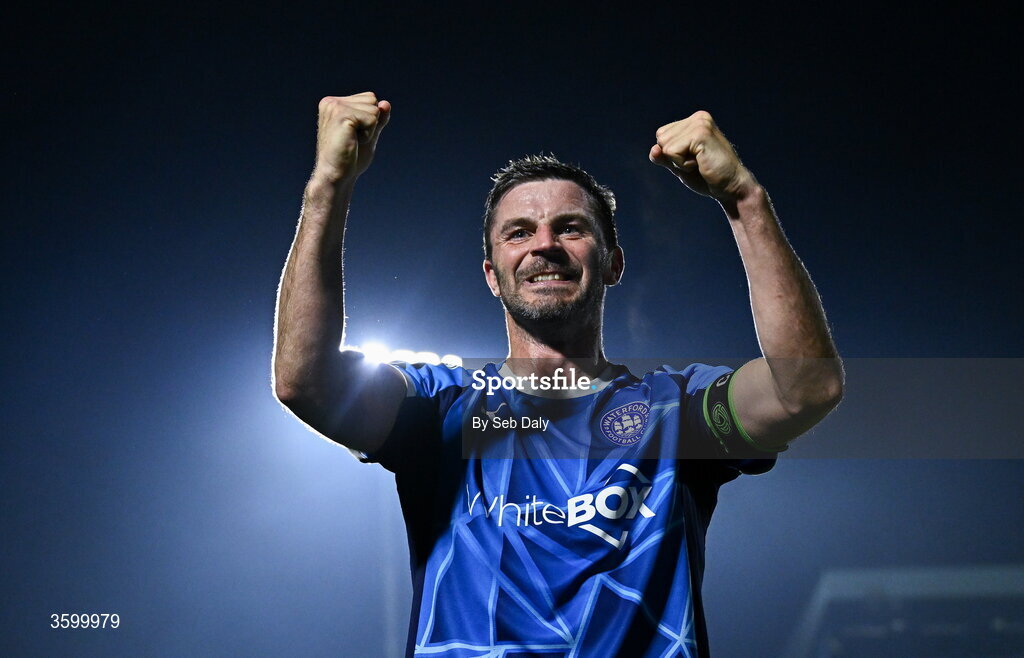 23 October 2026; Pádraig Amond of Waterford celebrates after scoring his side's third goal during the SSE Airtricity Men's Premier Division match between Waterford and Drogheda United at RSC in Waterford. Photo by Seb Daly/Sportsfile