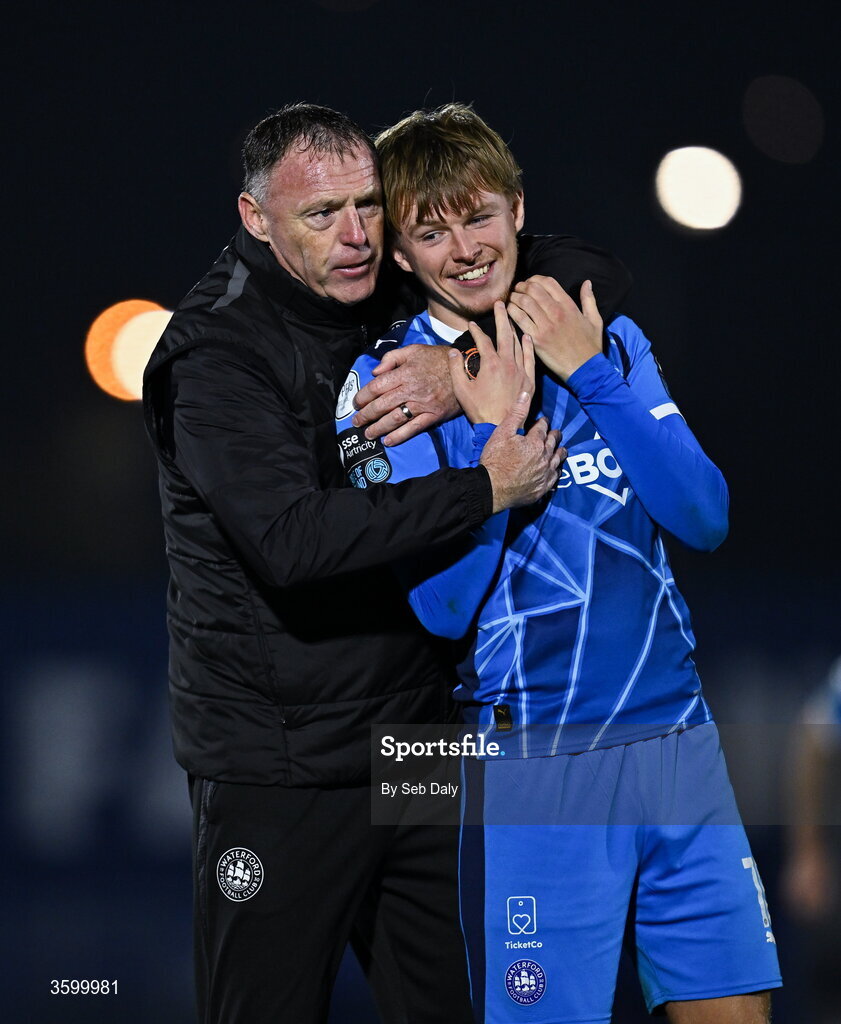 23 October 2026; Waterford head coach Graham Coughlan and Conan Noonan after their side's victory in the SSE Airtricity Men's Premier Division match between Waterford and Drogheda United at RSC in Waterford. Photo by Seb Daly/Sportsfile