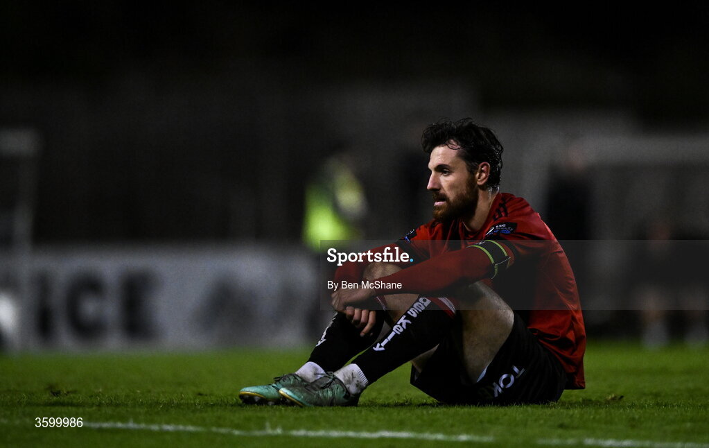 23 October 2026; Jordan Flores of Bohemians reacts after the SSE Airtricity Men's Premier Division match between Bohemians and Shelbourne at Dalymount Park in Dublin. Photo by Ben McShane/Sportsfile