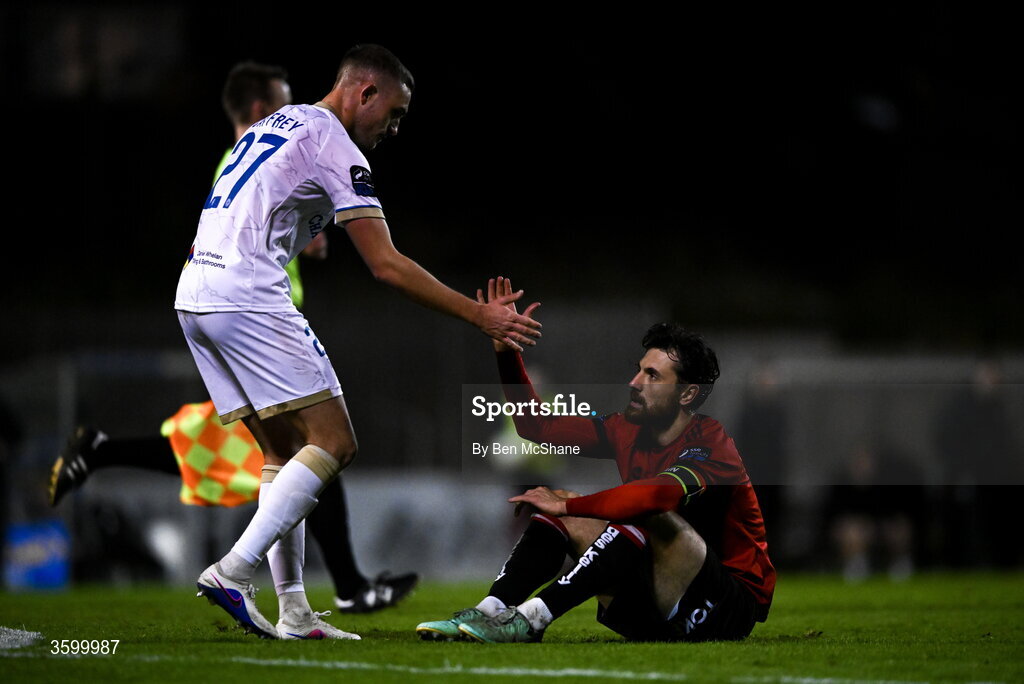 23 October 2026; Jordan Flores of Bohemians with Evan Caffrey of Shelbourne after after the SSE Airtricity Men's Premier Division match between Bohemians and Shelbourne at Dalymount Park in Dublin. Photo by Ben McShane/Sportsfile