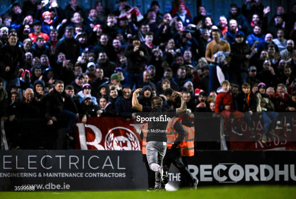 23 October 2026; A Bohemians supporter confronts the Shelbourne supporters after the SSE Airtricity Men's Premier Division match between Bohemians and Shelbourne at Dalymount Park in Dublin. Photo by Ben McShane/Sportsfile