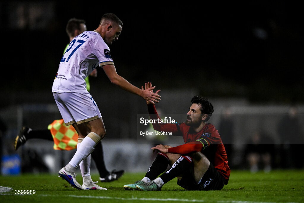 23 October 2026; Jordan Flores of Bohemians with Evan Caffrey of Shelbourne after after the SSE Airtricity Men's Premier Division match between Bohemians and Shelbourne at Dalymount Park in Dublin. Photo by Ben McShane/Sportsfile