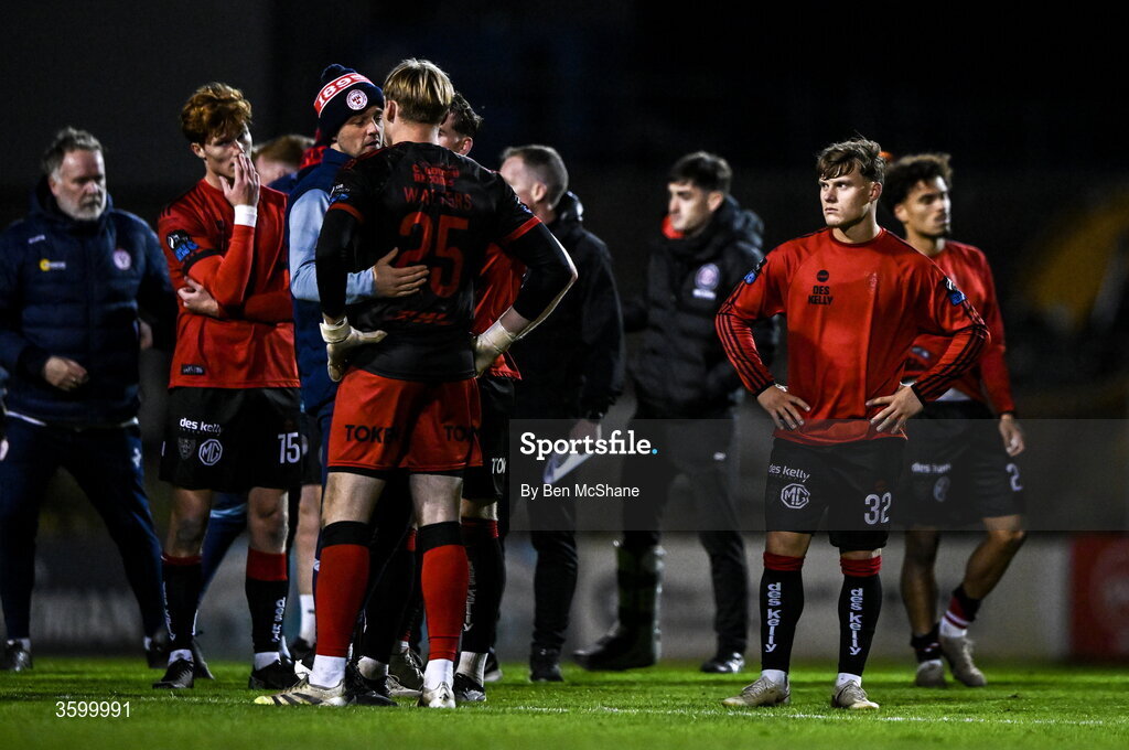 23 October 2026; Bohemians players, including Markuss Strods, right, react after the SSE Airtricity Men's Premier Division match between Bohemians and Shelbourne at Dalymount Park in Dublin. Photo by Ben McShane/Sportsfile