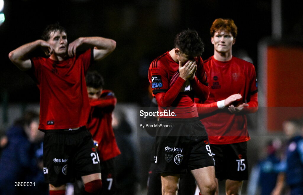 23 October 2026; Bohemians players, from left, Cian Byrne, Colm Whelan and Senan Mullen react aftr the SSE Airtricity Men's Premier Division match between Bohemians and Shelbourne at Dalymount Park in Dublin. Photo by Ben McShane/Sportsfile