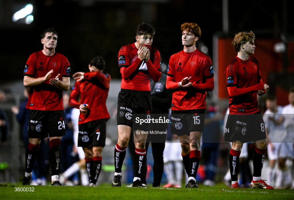23 October 2026; Bohemians players, from left, Cian Byrne, Colm Whelan, Senan Mullen and Harry Vaughan react aftr the SSE Airtricity Men's Premier Division match between Bohemians and Shelbourne at Dalymount Park in Dublin. Photo by Ben McShane/Sportsfile
