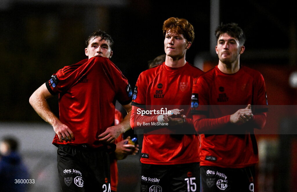 23 October 2026; Bohemians players, from left, Cian Byrne, Senan Mullen and Colm Whelan react after the SSE Airtricity Men's Premier Division match between Bohemians and Shelbourne at Dalymount Park in Dublin. Photo by Ben McShane/Sportsfile