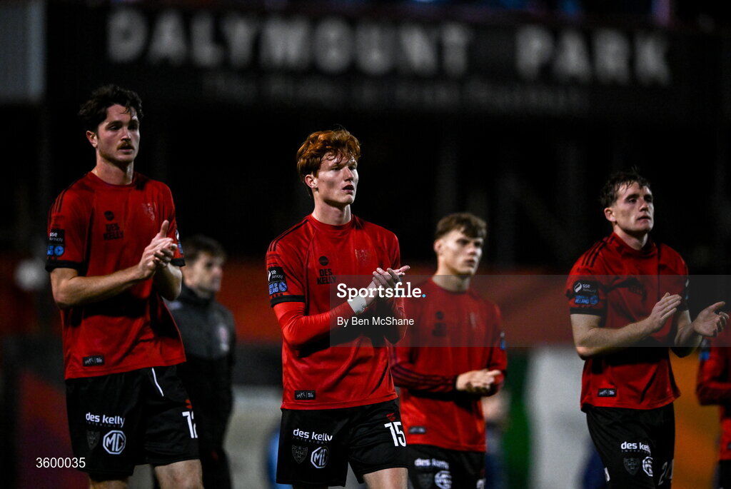 23 October 2026; Bohemians players, from left, Patrick Hickey, Senan Mullen, Markuss Strods and Cian Byrne react after the SSE Airtricity Men's Premier Division match between Bohemians and Shelbourne at Dalymount Park in Dublin. Photo by Ben McShane/Sportsfile