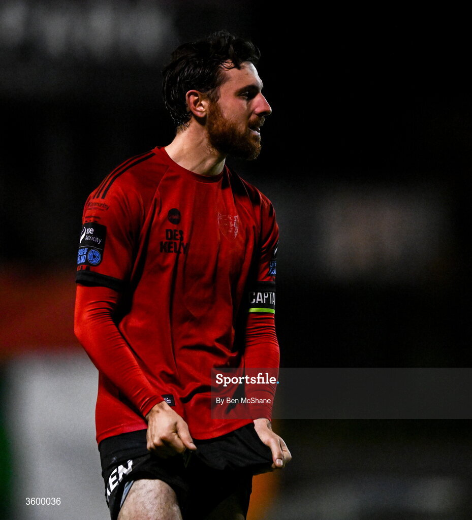 23 October 2026; Jordan Flores of Bohemians reacts after the SSE Airtricity Men's Premier Division match between Bohemians and Shelbourne at Dalymount Park in Dublin. Photo by Ben McShane/Sportsfile