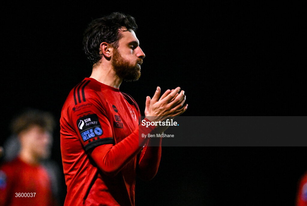 23 October 2026; Jordan Flores of Bohemians reacts after the SSE Airtricity Men's Premier Division match between Bohemians and Shelbourne at Dalymount Park in Dublin. Photo by Ben McShane/Sportsfile