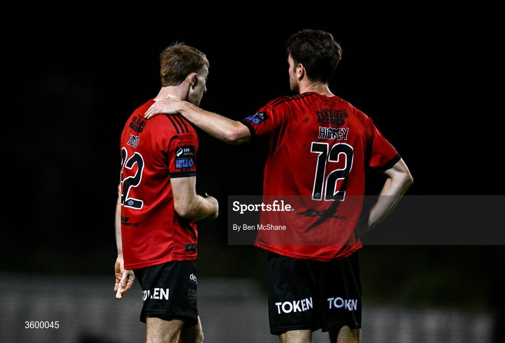 23 October 2026; Sam Todd, left, is consoled by Bohemians teammate Patrick Hickey after the SSE Airtricity Men's Premier Division match between Bohemians and Shelbourne at Dalymount Park in Dublin. Photo by Ben McShane/Sportsfile
