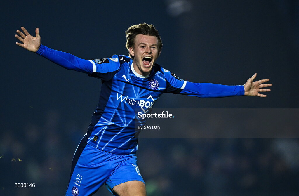 23 October 2026; Conan Noonan of Waterford celebrates after scoring his side's second goal during the SSE Airtricity Men's Premier Division match between Waterford and Drogheda United at RSC in Waterford. Photo by Seb Daly/Sportsfile