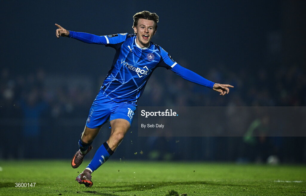 23 October 2026; Conan Noonan of Waterford celebrates after scoring his side's second goal during the SSE Airtricity Men's Premier Division match between Waterford and Drogheda United at RSC in Waterford. Photo by Seb Daly/Sportsfile