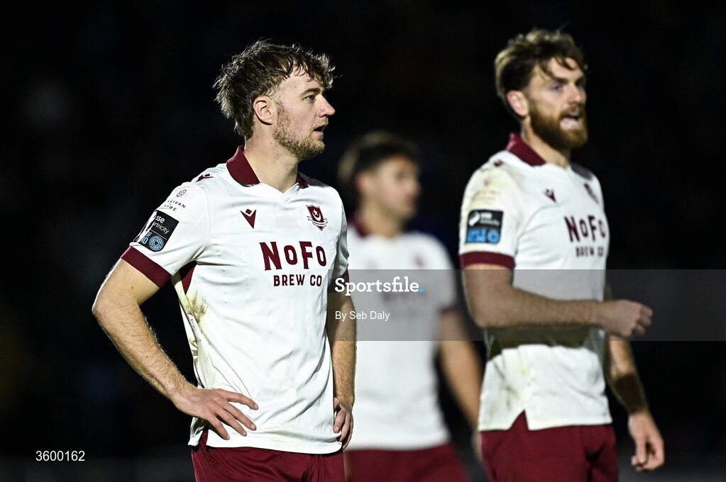23 October 2026; Drogheda United players Andrew Quinn, left, and Conor Keeley during the SSE Airtricity Men's Premier Division match between Waterford and Drogheda United at RSC in Waterford. Photo by Seb Daly/Sportsfile