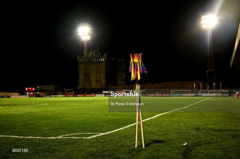23 October 2026; The corner flags gathered together after the match, with two of the floodlights in Dalymount Park seen behind, which had been in operation since 1962, on their last Friday night match before upcoming demolition, after the SSE Airtricity Men's Premier Division match between Bohemians and Shelbourne at Dalymount Park in Dublin. Photo by Piaras Ó Mídheach/Sportsfile