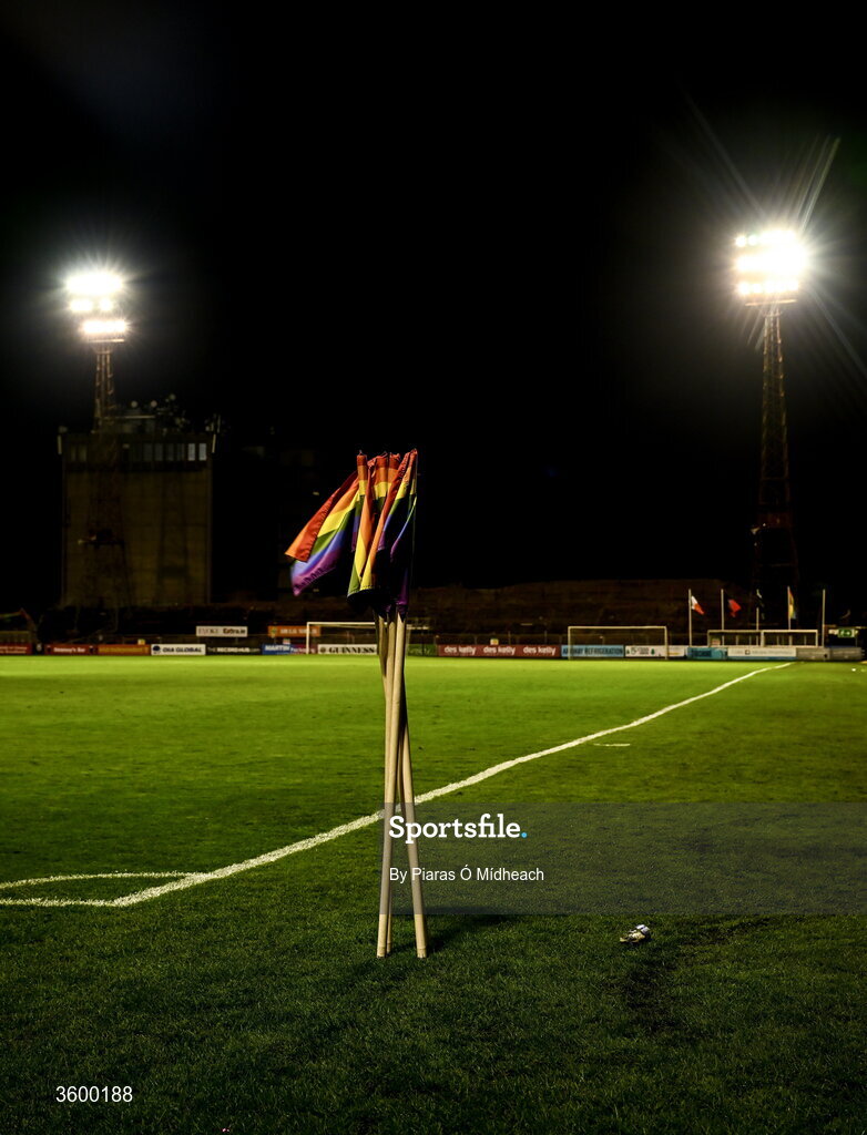 23 October 2026; The corner flags gathered together after the match, with two of the floodlights in Dalymount Park seen behind, which had been in operation since 1962, on their last Friday night match before upcoming demolition, after the SSE Airtricity Men's Premier Division match between Bohemians and Shelbourne at Dalymount Park in Dublin. Photo by Piaras Ó Mídheach/Sportsfile