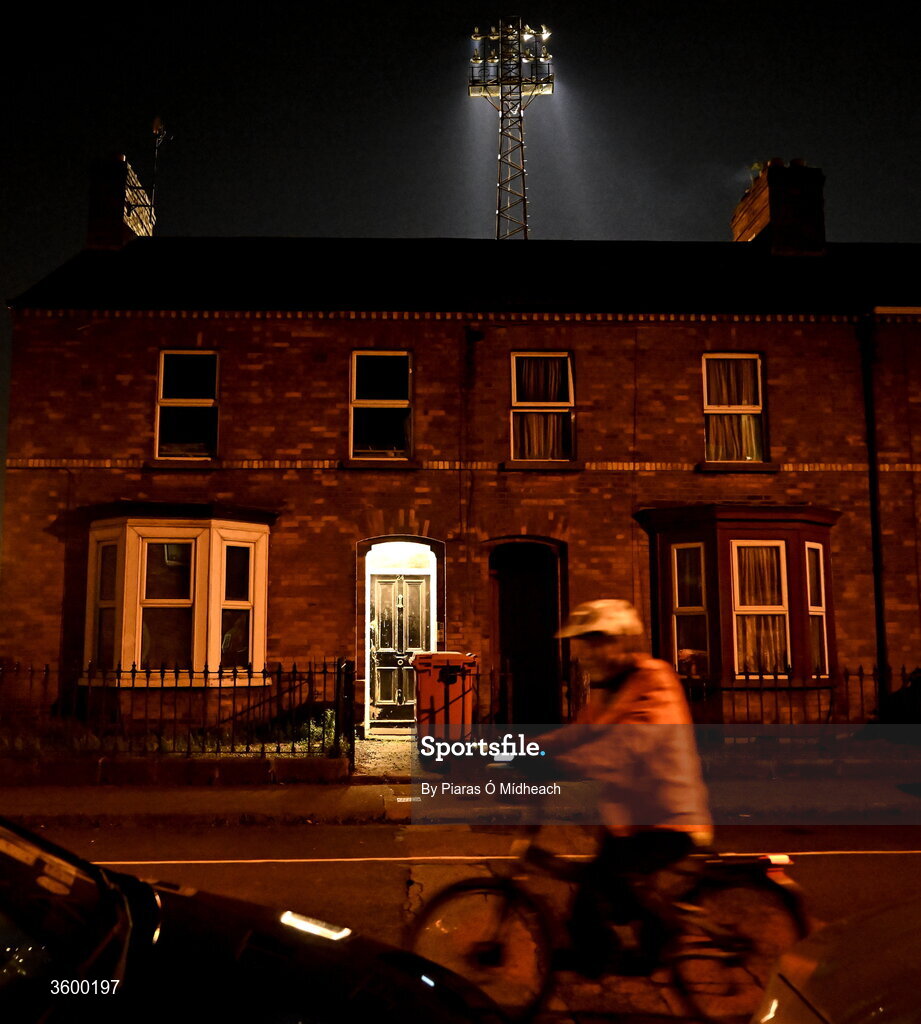 23 October 2026; A general view of the floodlights in Dalymount Park, in operation since 1962, on their last Friday night match before upcoming demolition, after the SSE Airtricity Men's Premier Division match between Bohemians and Shelbourne at Dalymount Park in Dublin. Photo by Piaras Ó Mídheach/Sportsfile