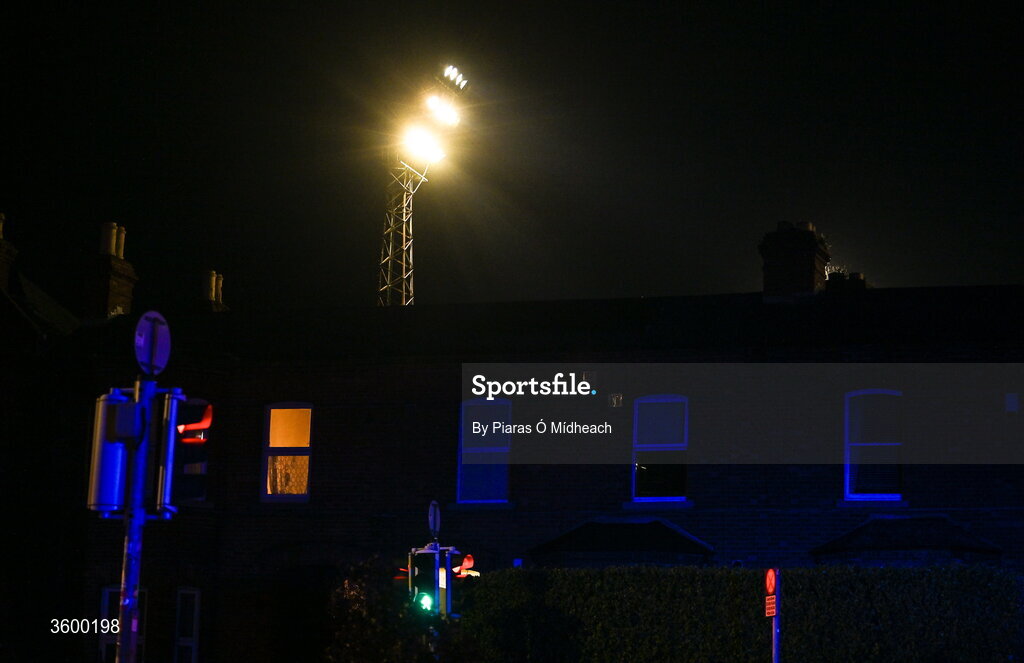 23 October 2026; A general view of the floodlights in Dalymount Park, in operation since 1962, on their last Friday night match before upcoming demolition, after the SSE Airtricity Men's Premier Division match between Bohemians and Shelbourne at Dalymount Park in Dublin. Photo by Piaras Ó Mídheach/Sportsfile