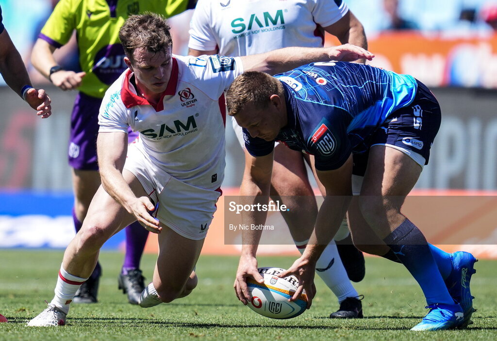 24 October 2026; Jamie Benson of Ulster in action against Johan Grobbelaar of Vodacom Bulls during the United Rugby Championship match between Vodacom Bulls and Ulster at Loftus Versfeld in Pretoria, South Africa. Photo by Nic Bothma/Sportsfile
