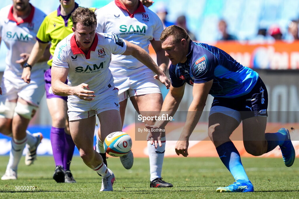24 October 2026; Jamie Benson of Ulster in action against Johan Grobbelaar of Vodacom Bulls during the United Rugby Championship match between Vodacom Bulls and Ulster at Loftus Versfeld in Pretoria, South Africa. Photo by Nic Bothma/Sportsfile