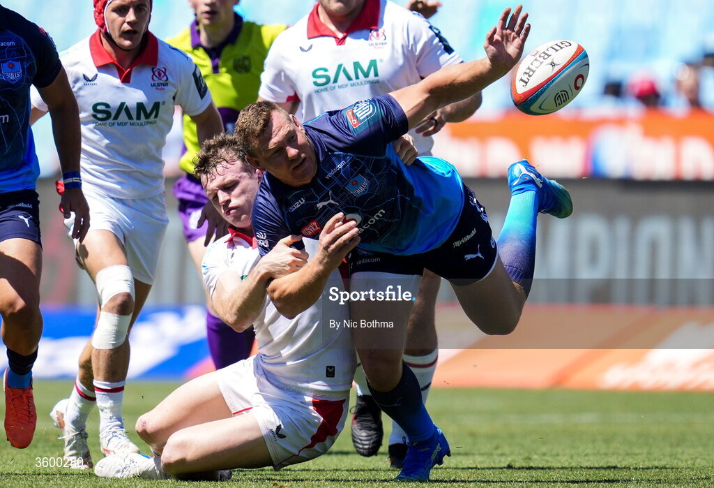 24 October 2026; Jamie Benson of Ulster in action against Johan Grobbelaar of Vodacom Bulls during the United Rugby Championship match between Vodacom Bulls and Ulster at Loftus Versfeld in Pretoria, South Africa. Photo by Nic Bothma/Sportsfile