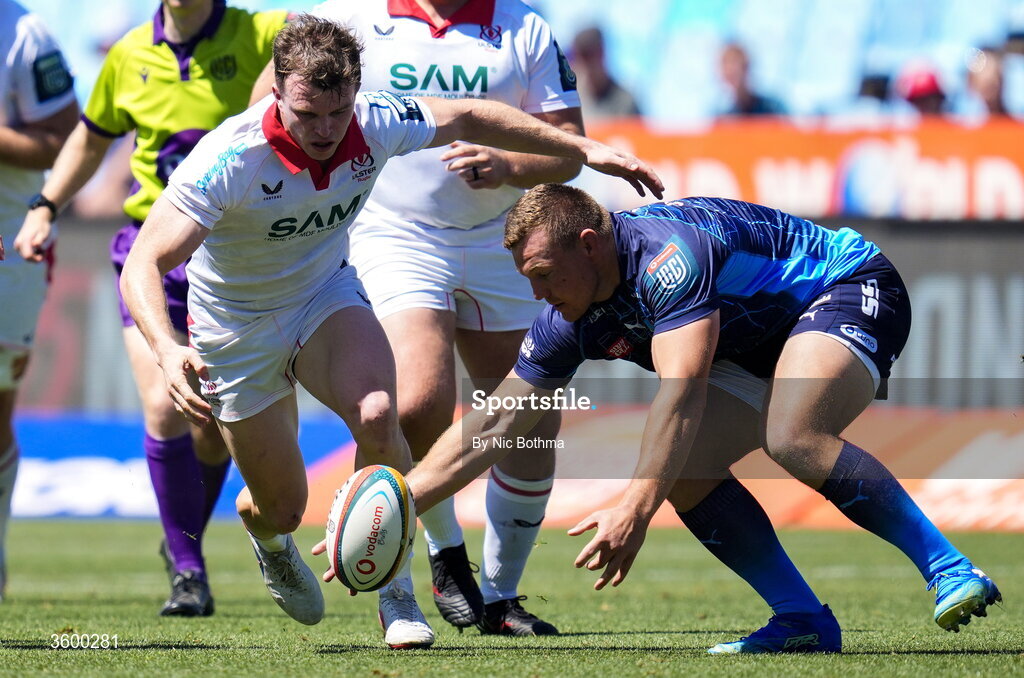 24 October 2026; Jamie Benson of Ulster in action against Johan Grobbelaar of Vodacom Bulls during the United Rugby Championship match between Vodacom Bulls and Ulster at Loftus Versfeld in Pretoria, South Africa. Photo by Nic Bothma/Sportsfile