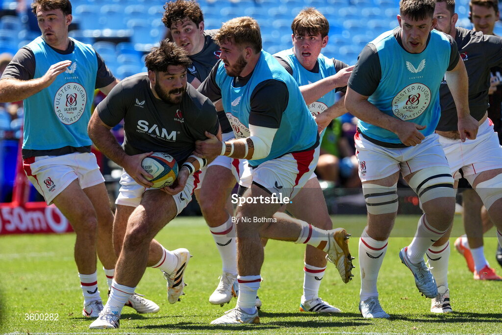24 October 2026; Ulster players, including Tom O’Toole warm up ahead of the United Rugby Championship match between Vodacom Bulls and Ulster at Loftus Versfeld in Pretoria, South Africa. Photo by Nic Bothma/Sportsfile