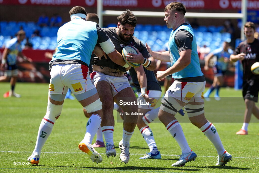 24 October 2026; Tom O’Toole of Ulster, centre, warms up ahead of the United Rugby Championship match between Vodacom Bulls and Ulster at Loftus Versfeld in Pretoria, South Africa. Photo by Nic Bothma/Sportsfile