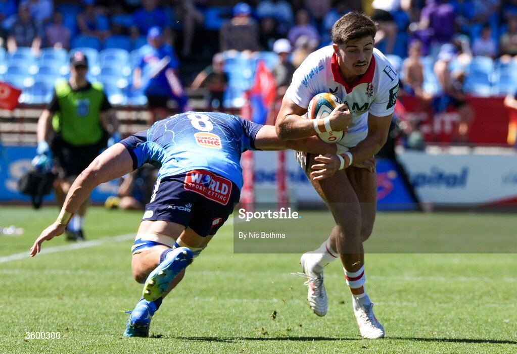 24 October 2026; Chay Mullins of Ulster in action against Elrigh Louw of Vodacom Bulls during the United Rugby Championship match between Vodacom Bulls and Ulster at Loftus Versfeld in Pretoria, South Africa. Photo by Nic Bothma/Sportsfile