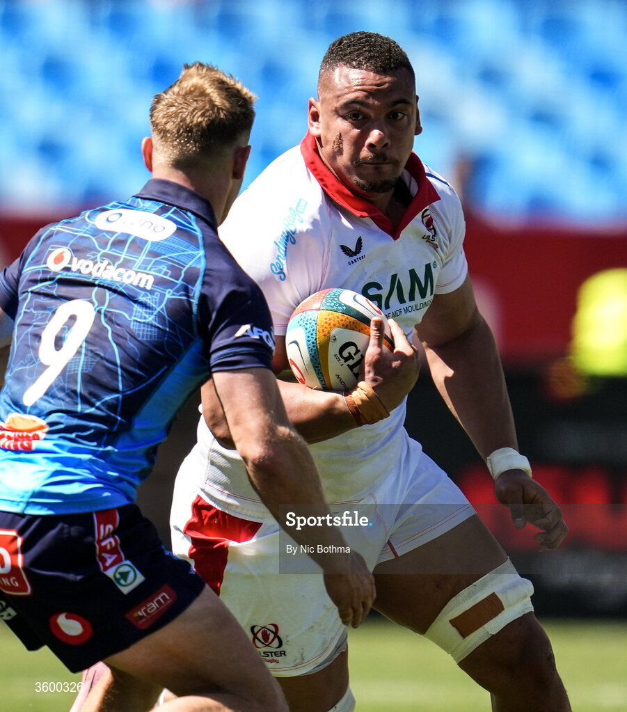 24 October 2026; Juarno Augustus of Ulster in action against Paul de Wet of Vodacom Bulls during the United Rugby Championship match between Vodacom Bulls and Ulster at Loftus Versfeld in Pretoria, South Africa. Photo by Nic Bothma/Sportsfile