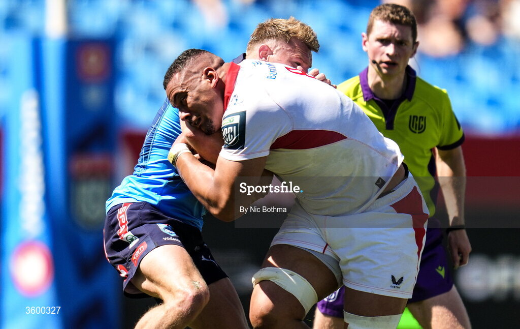 24 October 2026; Juarno Augustus of Ulster in action against Paul de Wet of Vodacom Bulls during the United Rugby Championship match between Vodacom Bulls and Ulster at Loftus Versfeld in Pretoria, South Africa. Photo by Nic Bothma/Sportsfile