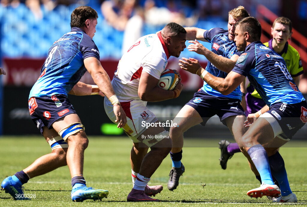 24 October 2026; Juarno Augustus of Ulster in action against Elrigh Louw, left, and Handre Pollard of Vodacome Bulls during the United Rugby Championship match between Vodacom Bulls and Ulster at Loftus Versfeld in Pretoria, South Africa. Photo by Nic Bothma/Sportsfile
