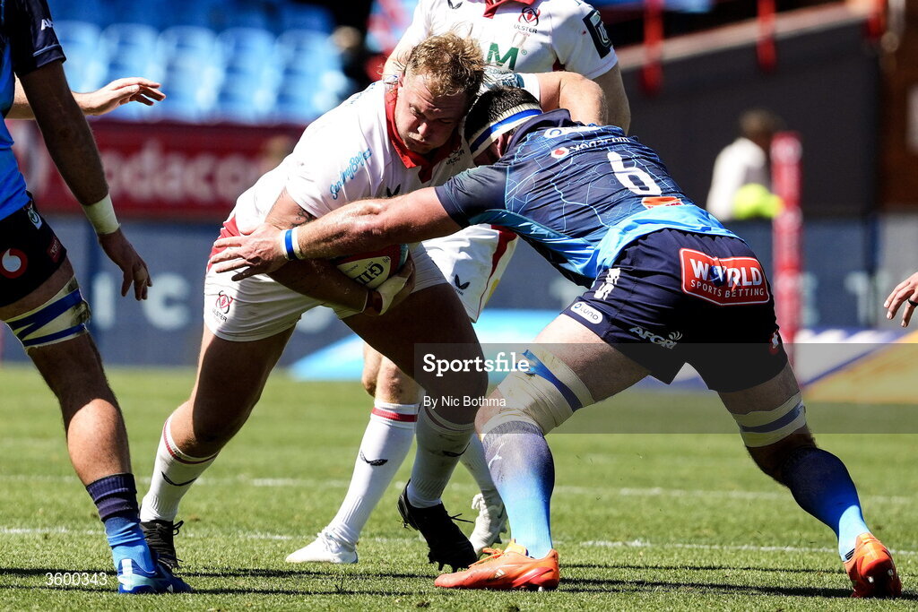 24 October 2026; Keynan Knox of Ulster in action against Marcell Coetzee of Vodacom Bulls during the United Rugby Championship match between Vodacom Bulls and Ulster at Loftus Versfeld in Pretoria, South Africa. Photo by Nic Bothma/Sportsfile