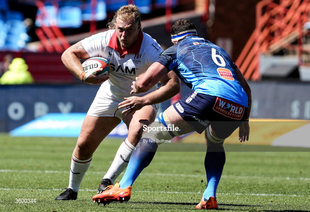 24 October 2026; Keynan Knox of Ulster in action against Marcell Coetzee of Vodacome Bulls during the United Rugby Championship match between Vodacom Bulls and Ulster at Loftus Versfeld in Pretoria, South Africa. Photo by Nic Bothma/Sportsfile