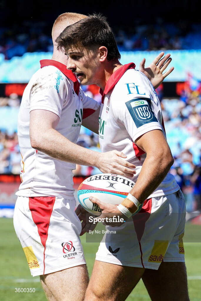 24 October 2026; Chay Mullins of Ulster, right, celebrates with teammate Nathan Doak after scoring their side a try the United Rugby Championship match between Vodacom Bulls and Ulster at Loftus Versfeld in Pretoria, South Africa. Photo by Nic Bothma/Sportsfile