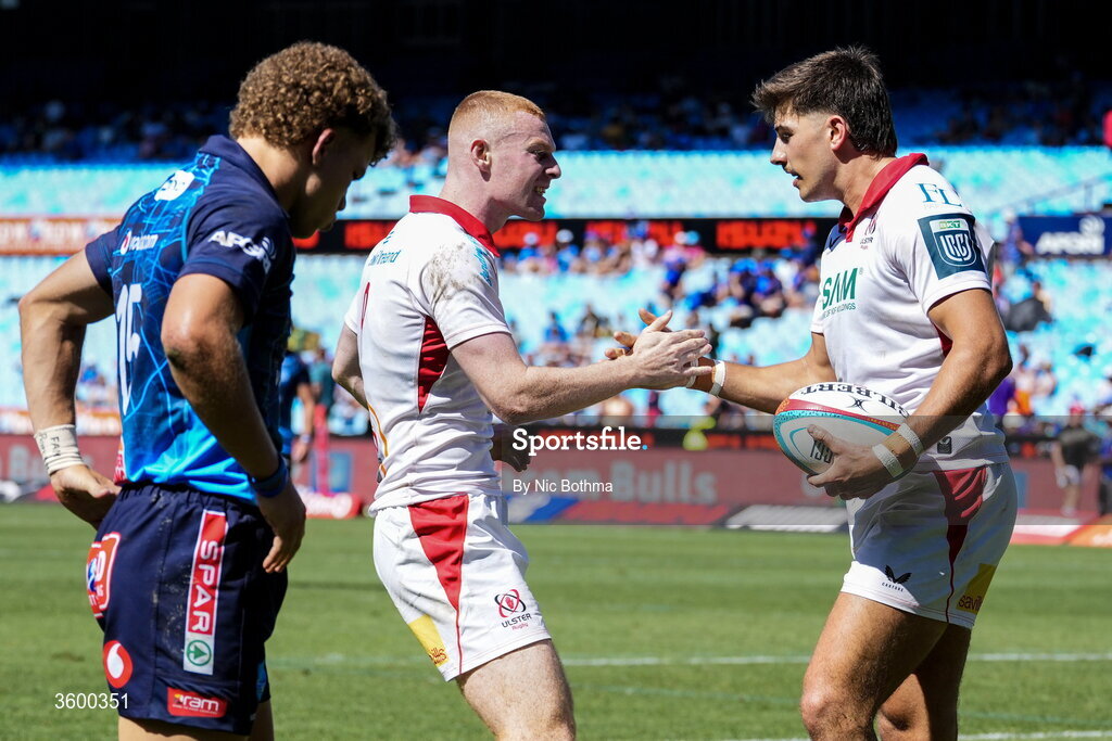 24 October 2026; Chay Mullins of Ulster, right, celebrates with teammate Nathan Doak after scoring their side a try the United Rugby Championship match between Vodacom Bulls and Ulster at Loftus Versfeld in Pretoria, South Africa. Photo by Nic Bothma/Sportsfile