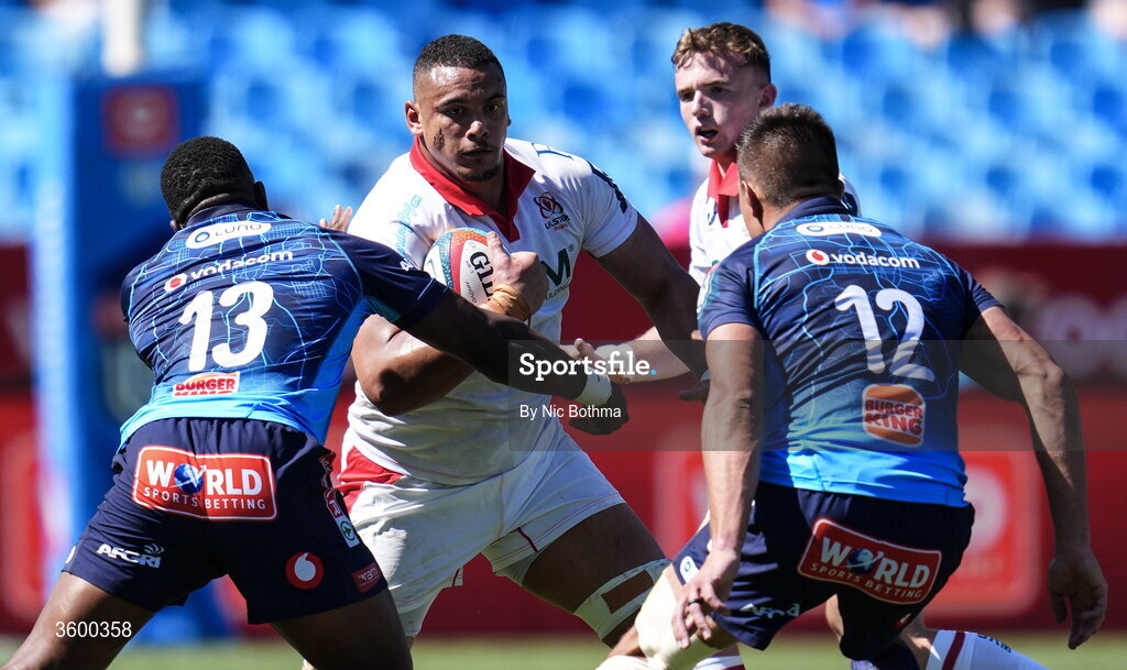 24 October 2026; Juarno Augustus of Ulster in action against Sango Xamlashe, left, and Harold Vorster of Vodacome Bulls during the United Rugby Championship match between Vodacom Bulls and Ulster at Loftus Versfeld in Pretoria, South Africa. Photo by Nic Bothma/Sportsfile
