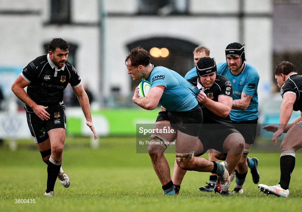 24 October 2026; Bobby Power of Galwegians in action against Angus Graham of Ballymena during the Energia Men's All-Ireland League Division 2A match between Galwegians and Ballymena at Crowley Park in Galway. Photo by Thomas Flinkow/Sportsfile