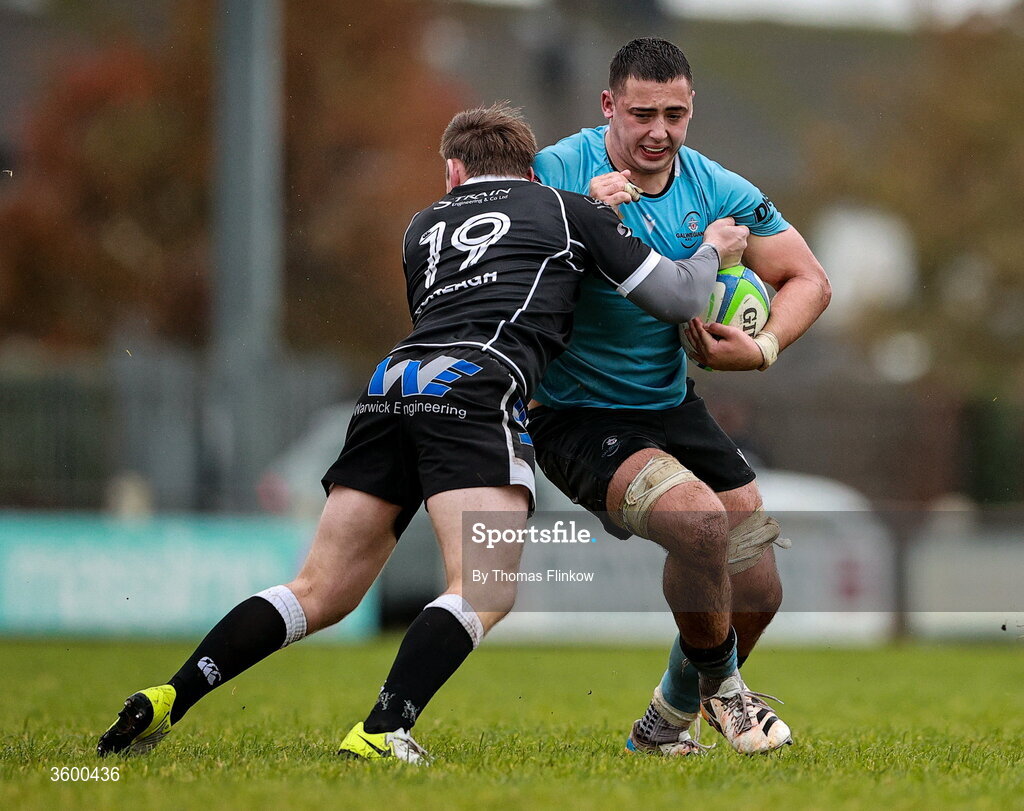 24 October 2026; Aaron O'Brien of Galwegians in action against Callum Patterson of Ballymena during the Energia Men's All-Ireland League Division 2A match between Galwegians and Ballymena at Crowley Park in Galway. Photo by Thomas Flinkow/Sportsfile