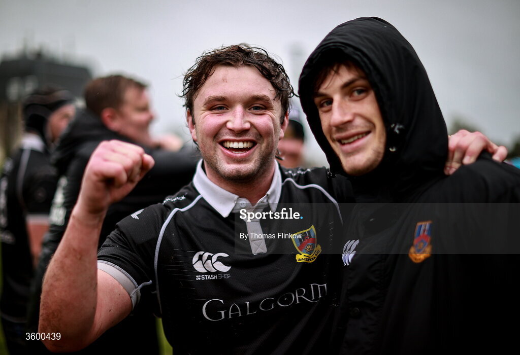 24 October 2026; Adam Lamont of Ballymena, left, celebrates after his side's victory in during the Energia Men's All-Ireland League Division 2A match between Galwegians and Ballymena at Crowley Park in Galway. Photo by Thomas Flinkow/Sportsfile