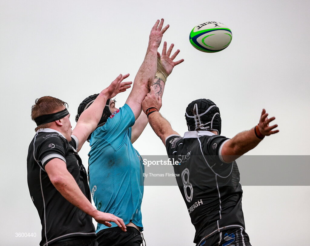 24 October 2026; A general view of a lineout during the Energia Men's All-Ireland League Division 2A match between Galwegians and Ballymena at Crowley Park in Galway. Photo by Thomas Flinkow/Sportsfile
