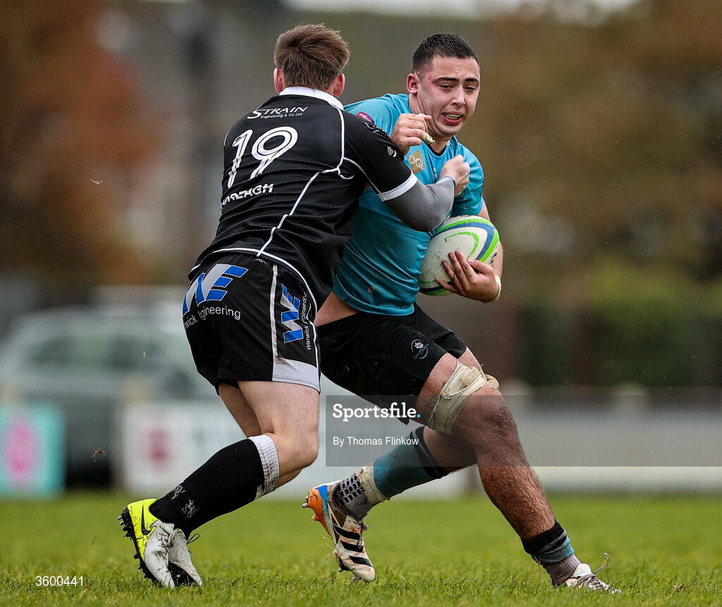 24 October 2026; Aaron O'Brien of Galwegians in action against Callum Patterson of Ballymena during the Energia Men's All-Ireland League Division 2A match between Galwegians and Ballymena at Crowley Park in Galway. Photo by Thomas Flinkow/Sportsfile