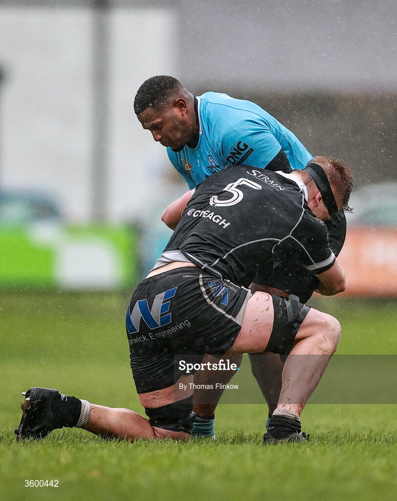 24 October 2026; Jaynel Almanzar Cordero of Galwegians in action against Paddy Browne of Ballymena during the Energia Men's All-Ireland League Division 2A match between Galwegians and Ballymena at Crowley Park in Galway. Photo by Thomas Flinkow/Sportsfile