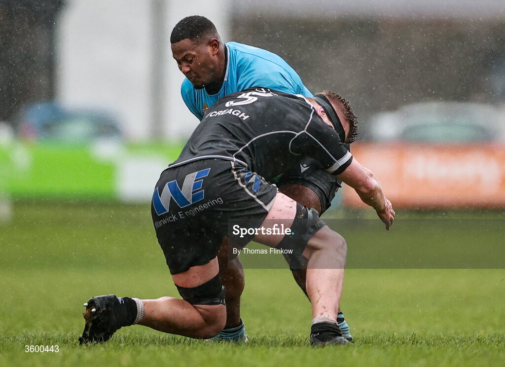 24 October 2026; Jaynel Almanzar Cordero of Galwegians in action against Paddy Browne of Ballymena during the Energia Men's All-Ireland League Division 2A match between Galwegians and Ballymena at Crowley Park in Galway. Photo by Thomas Flinkow/Sportsfile